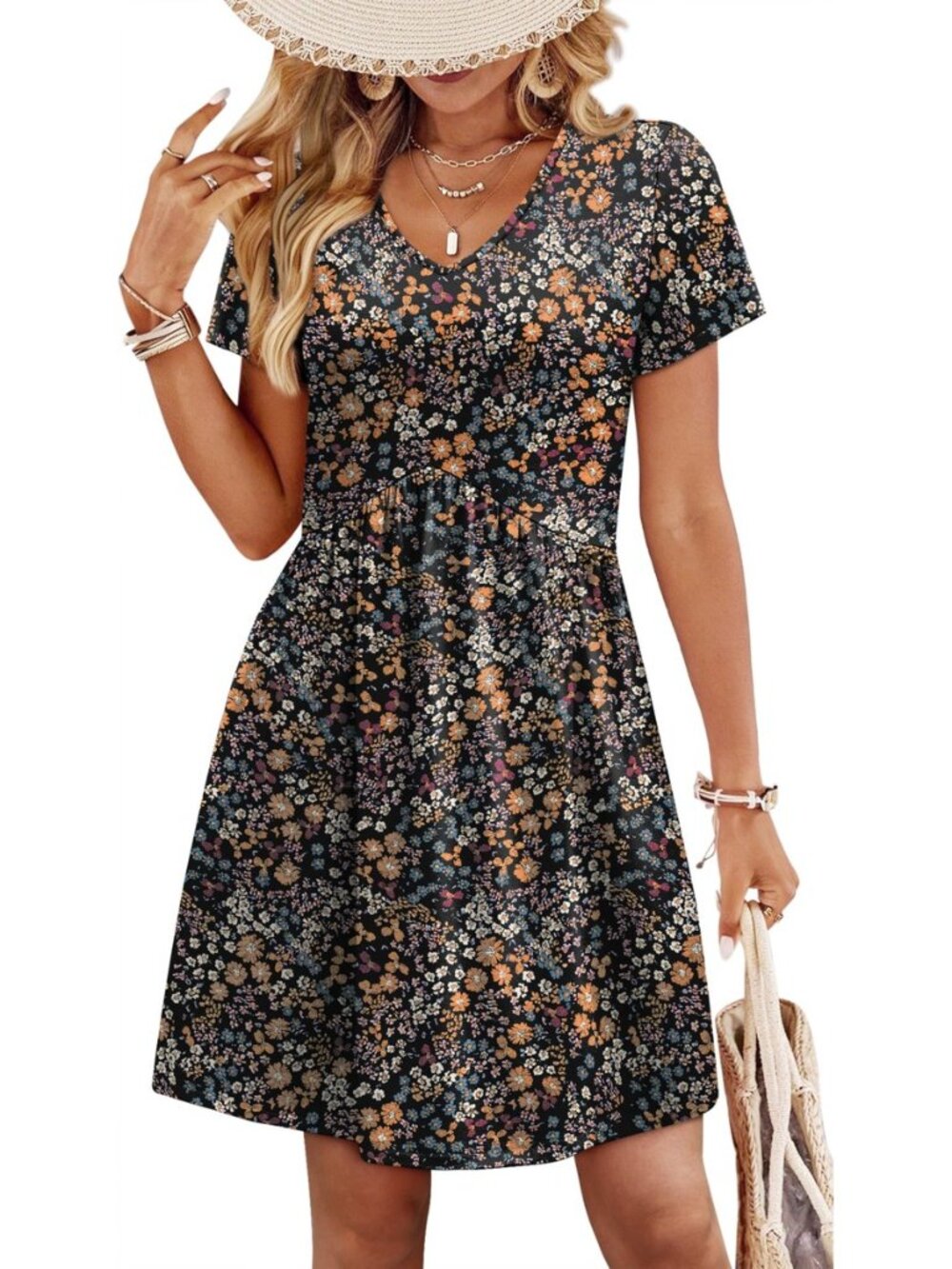 Dresses for Women 2026 Casual Summer V Neck Babydoll Dress Short Sleeve Fashion